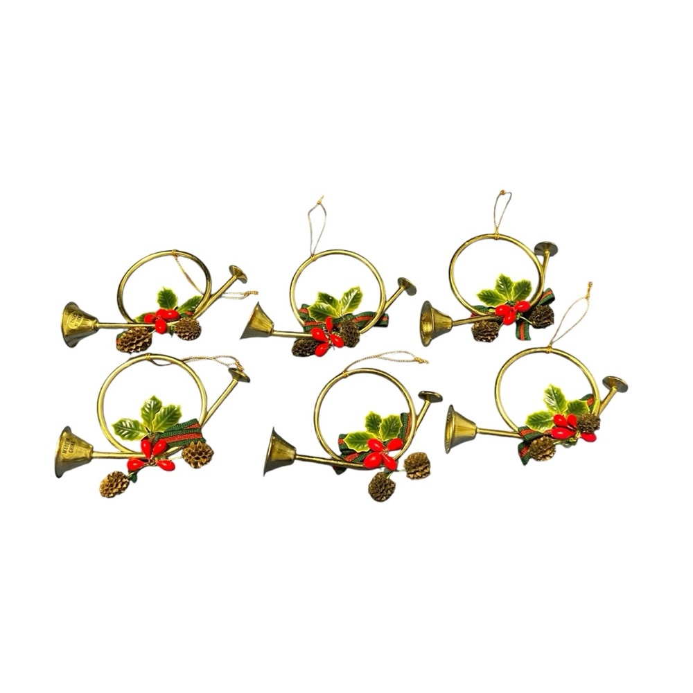 Vintage Brass French Horn Christmas Tree Ornament Ribbon Pine Cones Holly Bugles - Picture 2 of 8